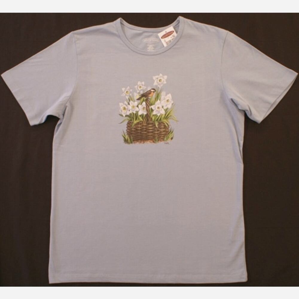 Northern Reflections XS Misty Blue T-Shirt Daffodils Robin Basket NOS w/Tag